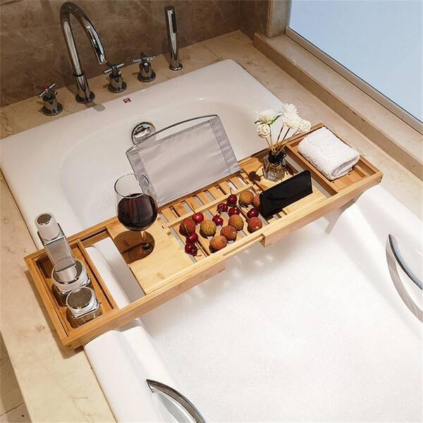 Pristine Bamboo Bathtub Caddy Tray with 12-in-1 Features| Over The Tub Organizer