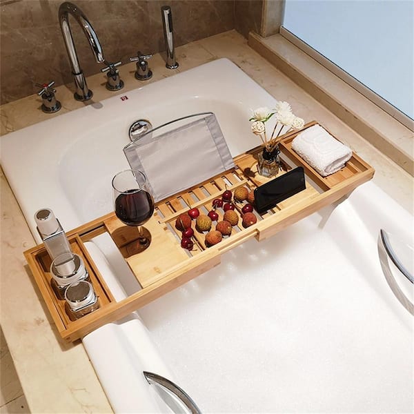 Lavish Home Bamboo Bath Caddy Tray with Extending Sides, Green