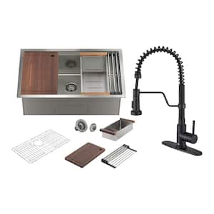 32 in. Undermount Single Bowl 16 Gauge Nano Brushed Stainless Steel Workstation Kitchen Sink with Faucet and Accessories