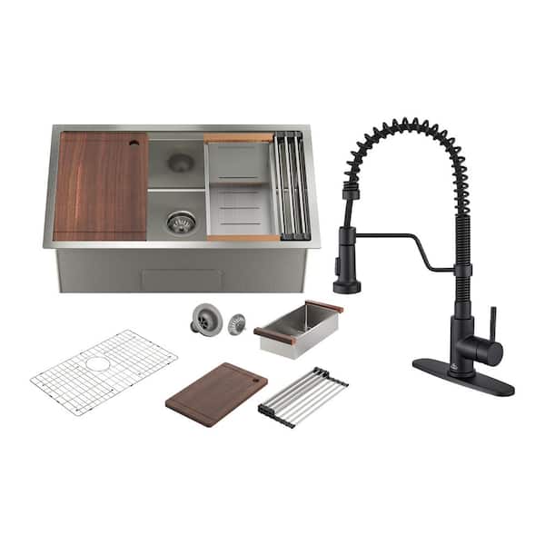 CASAINC 32 in. Undermount Single Bowl 16 Gauge Nano Brushed Stainless Steel Workstation Kitchen Sink with Faucet and Accessories