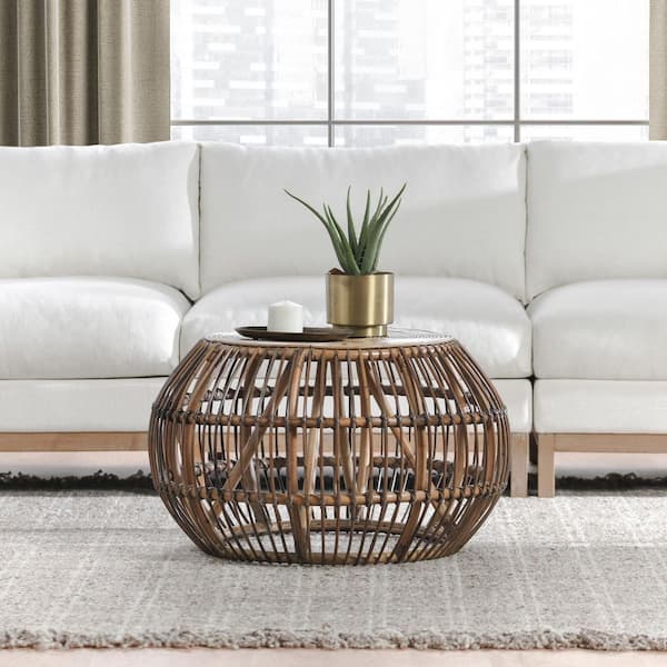 Jorren Rustic Bohemian 31.5 in. Natural Grey Wash Round Rattan/Wicker Coffee Table