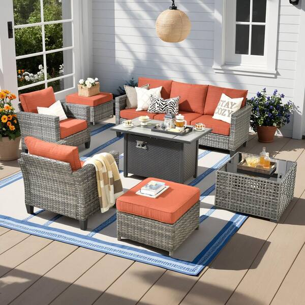 HOOOWOOO Scarlet 7-Piece Wicker Outdoor Fire Pit Patio Conversation Sofa Set with a Solar Lighted Table and Orange Red Cushions
