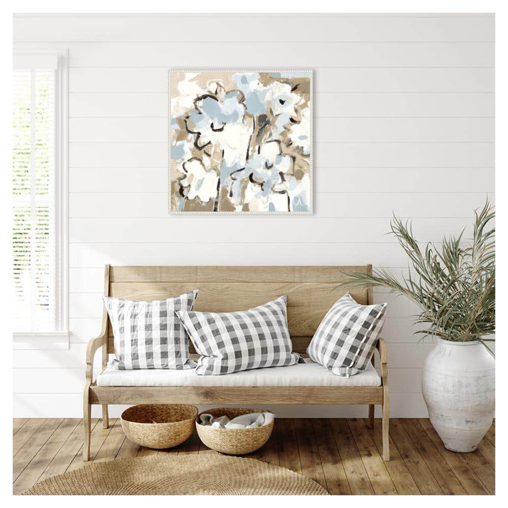 Light Blue and Beige Floral Beaded Canvas Wall Art