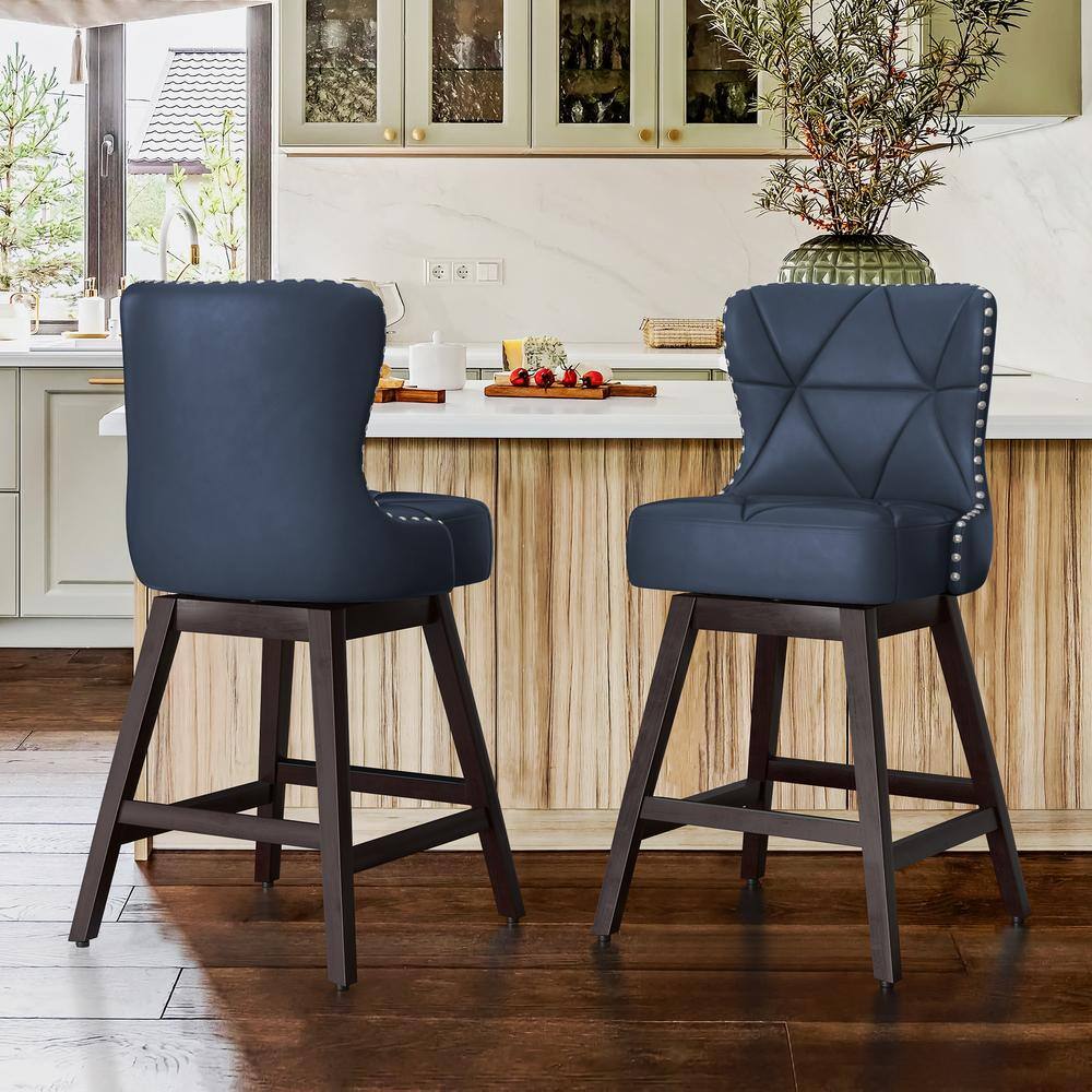 LUE BONA Zola 26 in. Navy Blue Wood Frame Counter Bar Stool Faux Leather Upholstered Swivel Bar