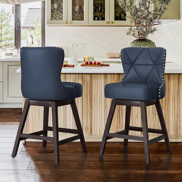 LUE BONA Zola 26 In. Navy Blue Wood Frame Counter Bar Stool Faux ...