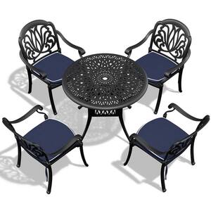 Black 5-Piece Cast Aluminum Round Table 28.35 in. Outdoor Dining Set with Seat Cushions in Random Colors