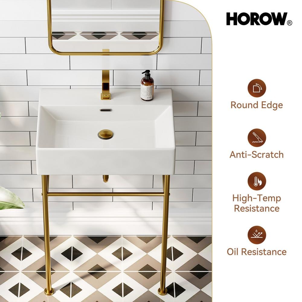 24 Inch White Ceramic Console Sink with Gold Metal Legs