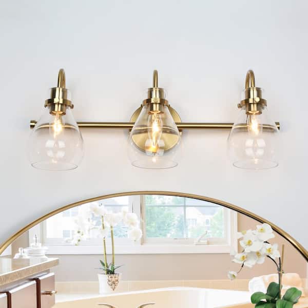 Uolfin Modern Teardrop Bedroom Wall Light 3-Light Electroplated Brass Dome Bathroom Vanity Light with Clear Glass Shades