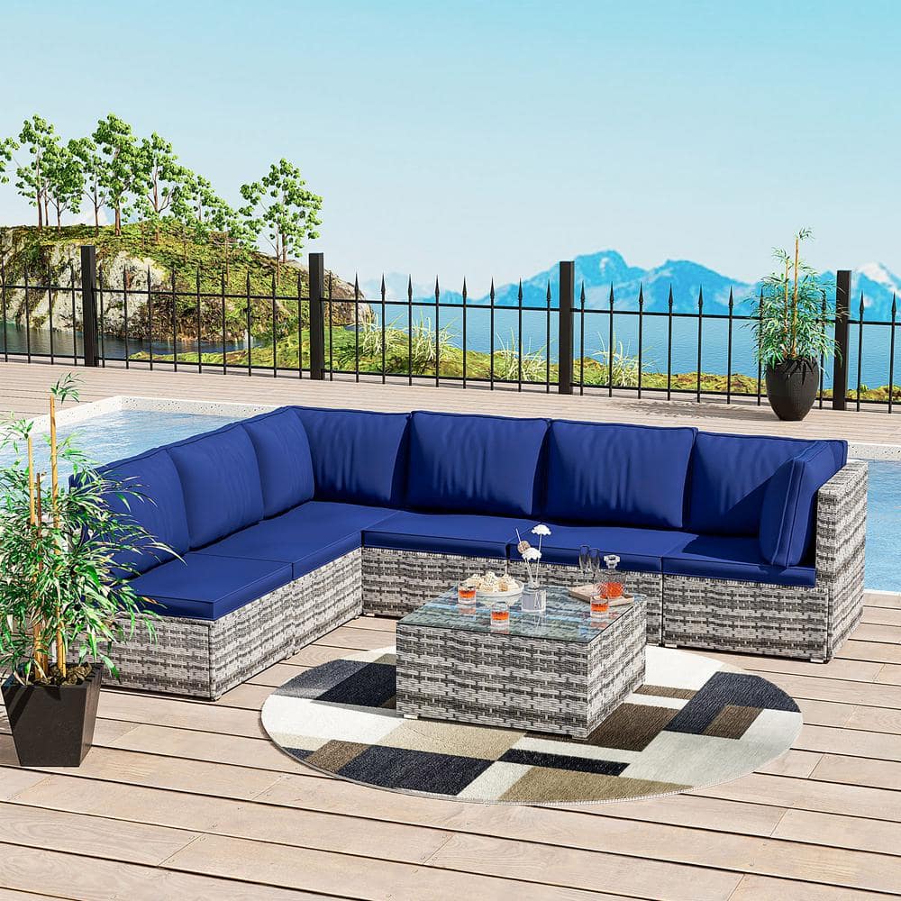 Gray 7 -Piece Wicker Rattan Coversation Outdoor Sectional Set with Blue Cus