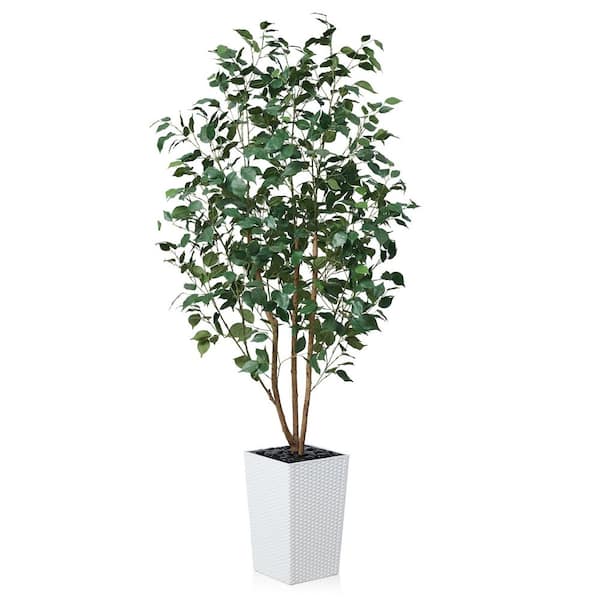 6 ft. Artificial Ficus Tree Indoor/Outdoor Real Wood Trunk,Fake Plant in White Planter for Home Office Living Room Decor