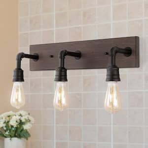 Corbett 22.13 in. 3-Light Rustic Farmhouse Iron LED Vanity Light, Oil Rubbed Bronze/Brown Wood Finish