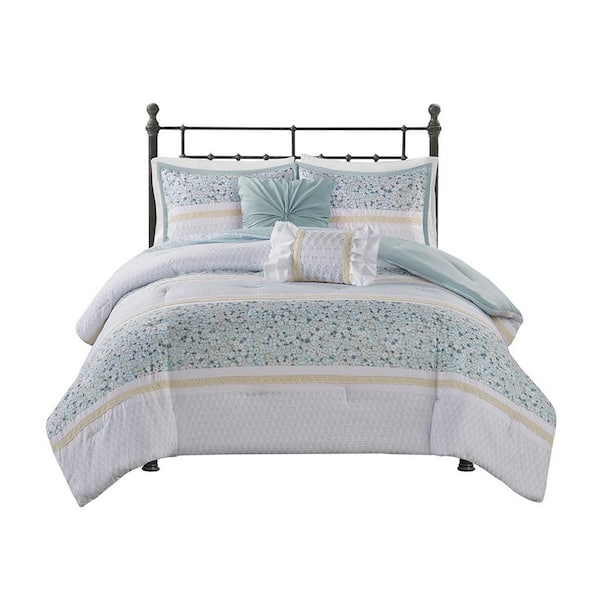 Unbranded Aqua Polyester Seersucker King Comforter Set with Throw Pillows (5-Piece)