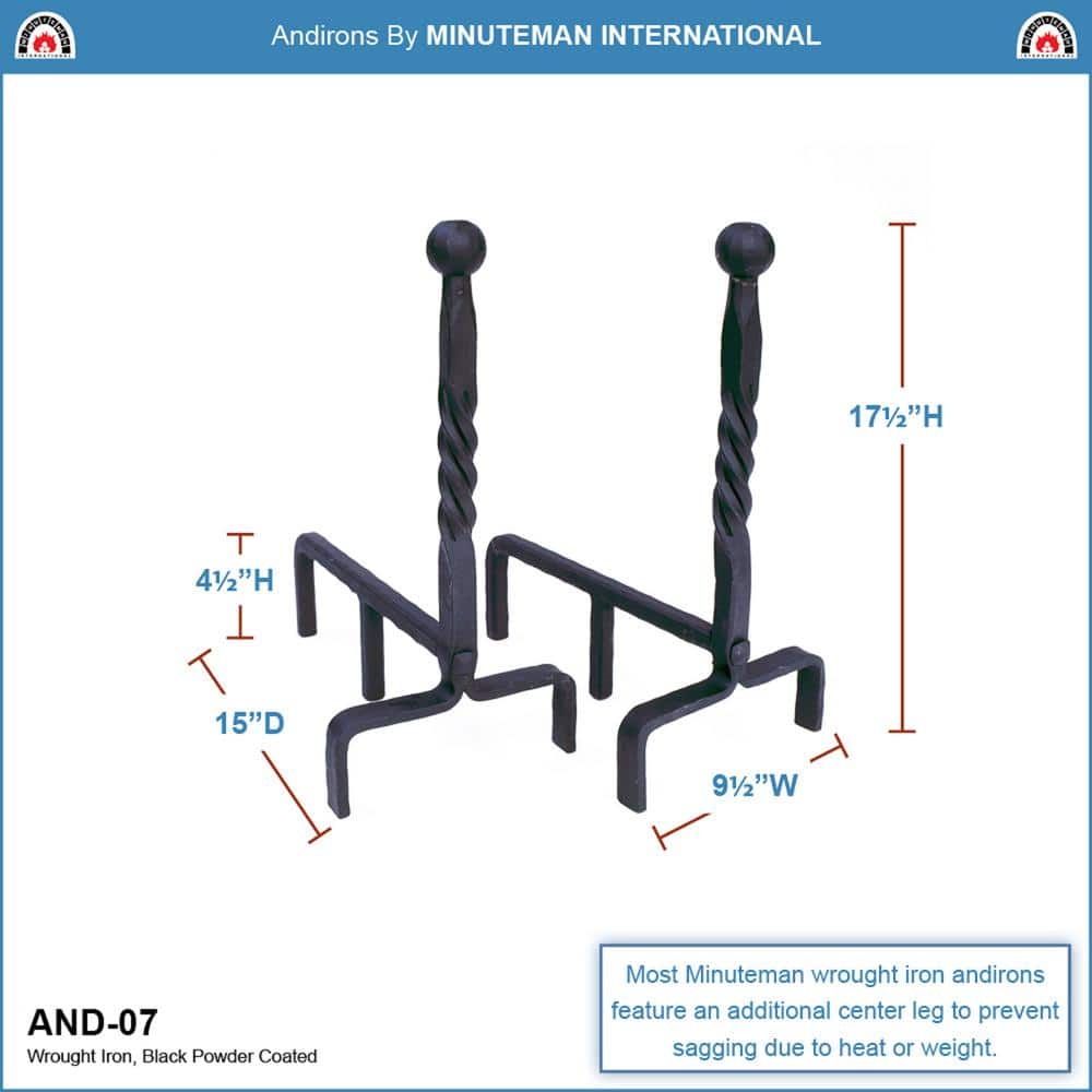 Black Wrought Iron Ball End Fireplace Andirons, 18.75 inches