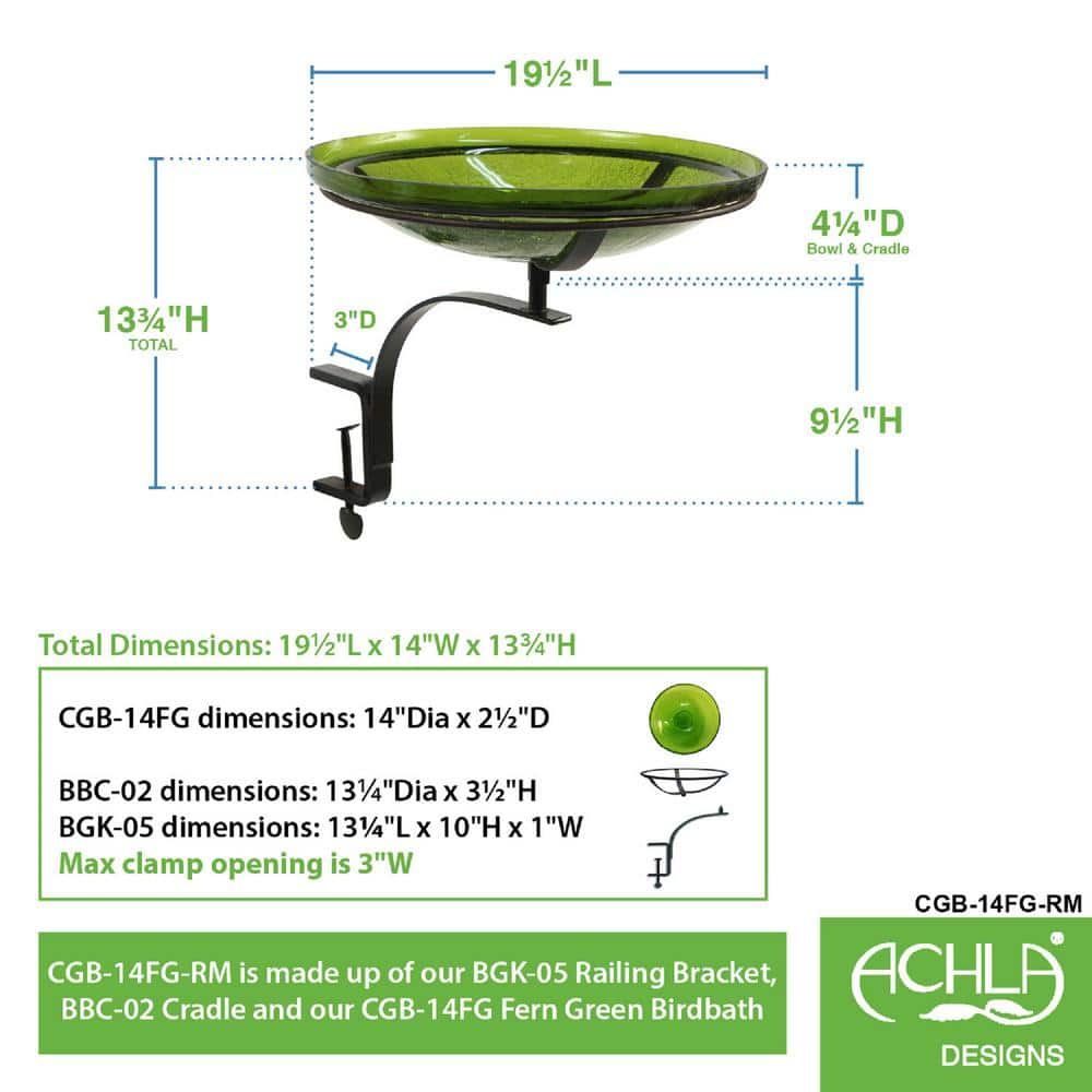 Fern Green Crackle Glass Birdbath with Rail Mount Bracket
