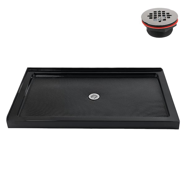 60 in. L x 36 in. W Corner Acrylic Shower Pan Base in Glossy Black with Center Drain, Drain Included