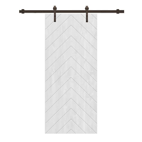 CALHOME Herringbone 36 in. x 96 in. Fully Assembled White Stained Wood Modern Sliding Barn Door with Hardware Kit