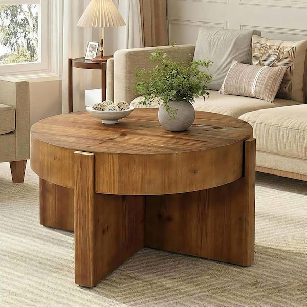 Rustic Brown 31.5 in. Round Solid Wood Coffee Table, Center Table with Thick Tabletop and X-Shaped Legs for Living Room