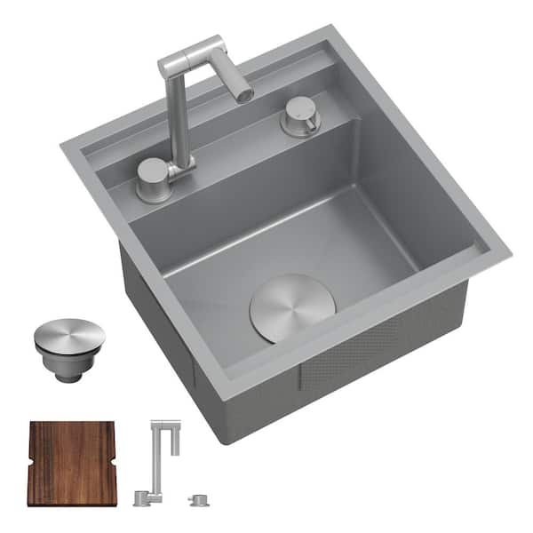 16-Gauge Stainless Steel 17 in. Undermount Single Bowl White Hidden Utility Kitchen Bar Sink w/Folding Faucet