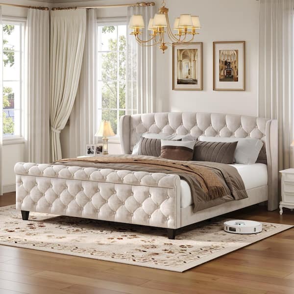 Valric Beige Velvet Button Tufted Upholstered Wood Frame King Platform Bed with Wingback Headboard and Scroll Footboard
