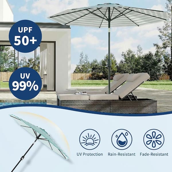 10 ft striped patio umbrella Garvee 10 ft. Striped Patio Umbrella, UV Protection Round Market Umbrella  with Crank Lift and Tilt in Teal Stripes TYYPPG_34JX6HPT
