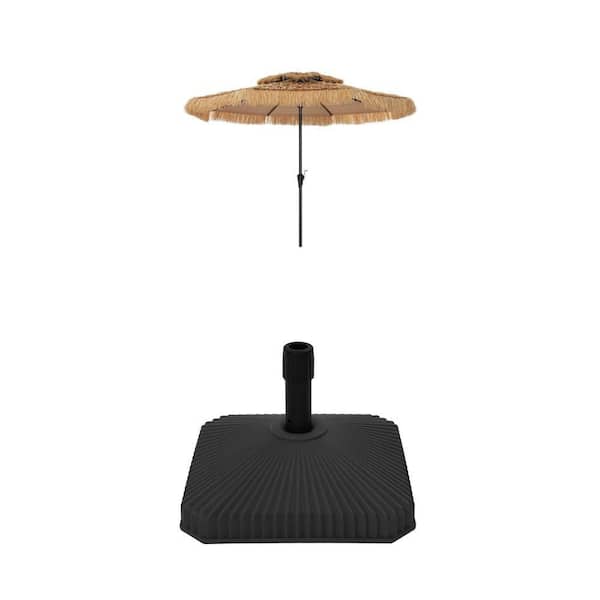 10 ft Double Top Brown Patio Umbrella with Thatch Trim and Black Fillable Base