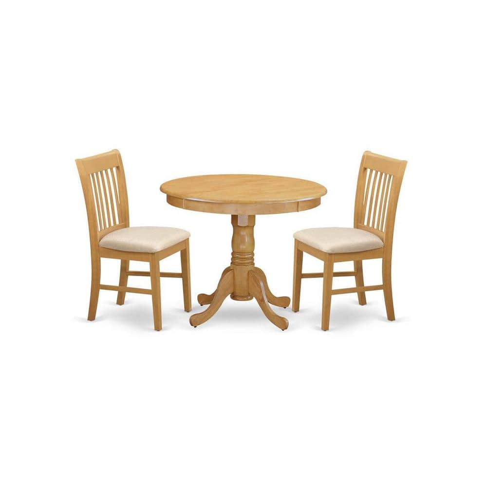 Oak Finish Round Dining Table with Linen Upholstered Chairs