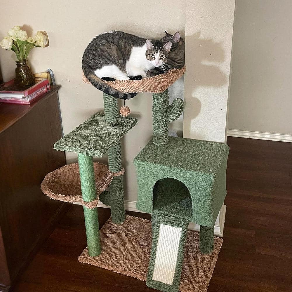 41-Inch Green and Beige Sisal Cactus Cat Tower with Cozy Condo