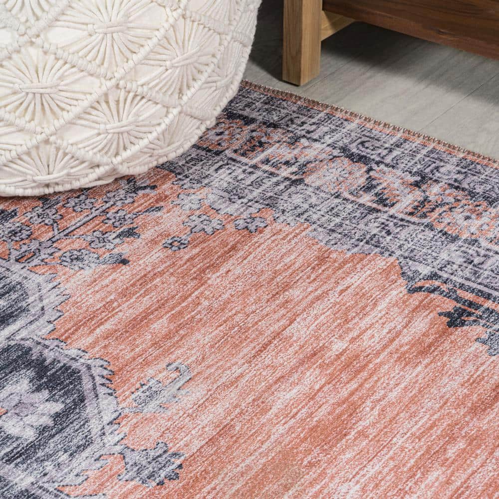 Wincer Chenille Medallion Washable Orange and Gray 5'3" x 7'7" Area Rug