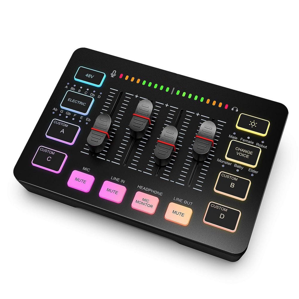 Gaming Audio Mixer in Black 1-Pack with XLR Microphone Interface, Individual Control for Podcast/Recording/Vocal