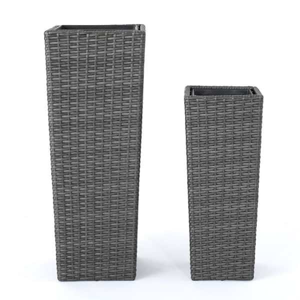 24 in. and 32 in. Grey Rattan Wood Rectangle Outdoor Planter (2-Pack)