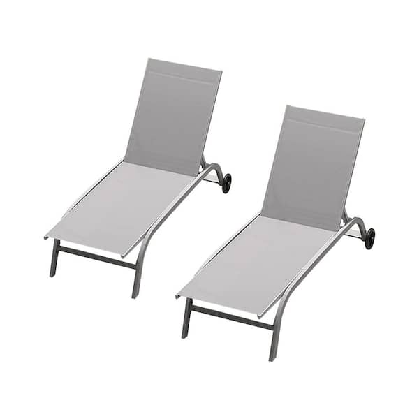 Sudzendf Gray Outdoor Lounge Chair Wheels, Outdoor Lounge Chairs 5-Adjustable Position (Set of 2)