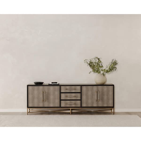 Vaughn Grey Shagreen Vegan Leather 100 in. Sideboard with 3 Drawers and Black Oak Wood Frame