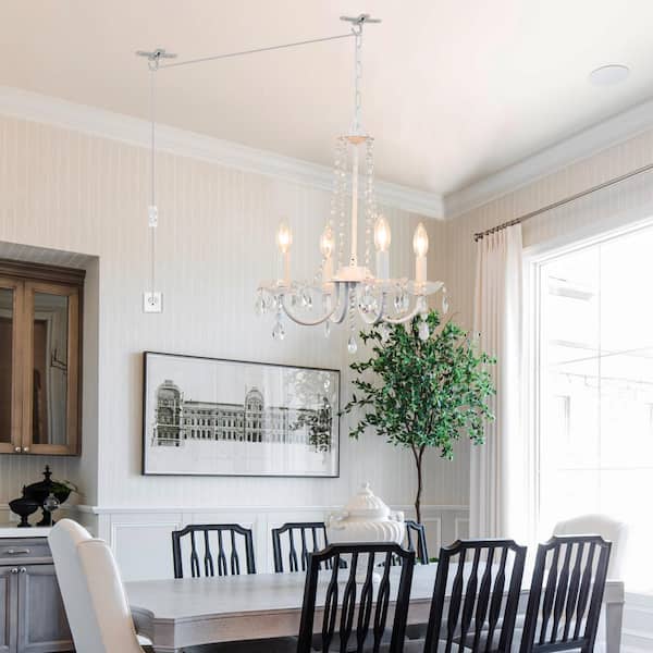 4-Light White Minimalist Crystal Style Chandelier Light with Plug in Cord for Living Room