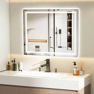 36 in. W x 28 in. H Rectangular Frameless Anti-Fog LED Wall Bathroom Vanity Mirror with Time and Temperature Display