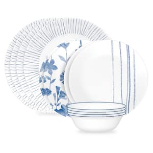 Botanical Stripes 12-piece Glass Dinnerware Set, Service for 4, Blue and White