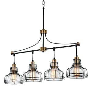 4-Light Black and Antique Gold Linear Chandelier with Clear Glass Shades