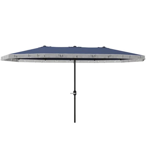 15 ft. Steel Extra Large Market Umbrella with Fringe, Double-Sided with Easy Crank Handle Patio Umbrella in Dark Blue