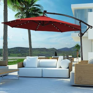 10 ft. Aluminum Cantilever Solar Powered Hanging Patio Umbrella With Cross Base and Pole in Burgundy