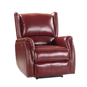 Adela Burgundy Genuine Leather Power Recliner with Nailhead Trim