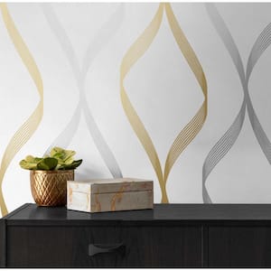 Silver and Gold Ogee Ribbon Vinyl Peel and Stick Wallpaper Roll 30.75 sq. ft.