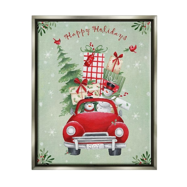 Stupell Industries Holiday Stacked Gift Car by Emma Leach 1-Piece Floater Frame Graphic Print Travel Poster Art Print 31 in. x 25 in.