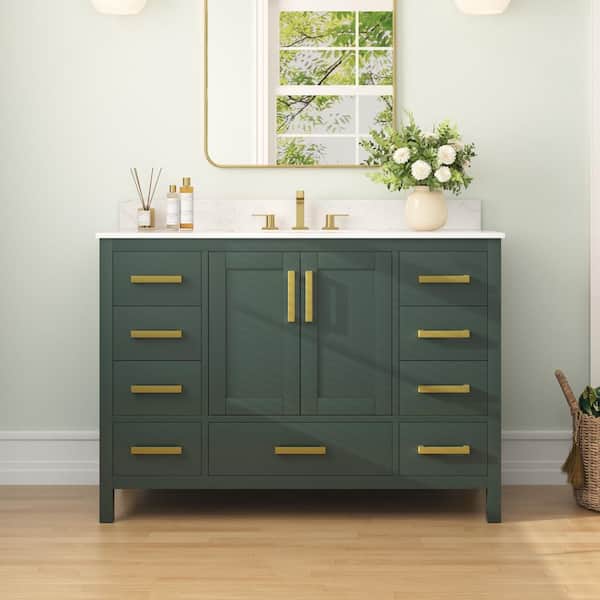 48 in. W x 22 in. D x 34 in. H Single Sink Freestanding Green Bath Vanity with Engineered White Marble Top,3 Faucet Hole