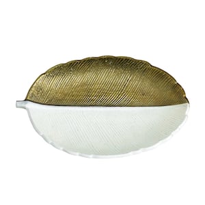 14in. Gold and White Leaf Decorative Accent Tray