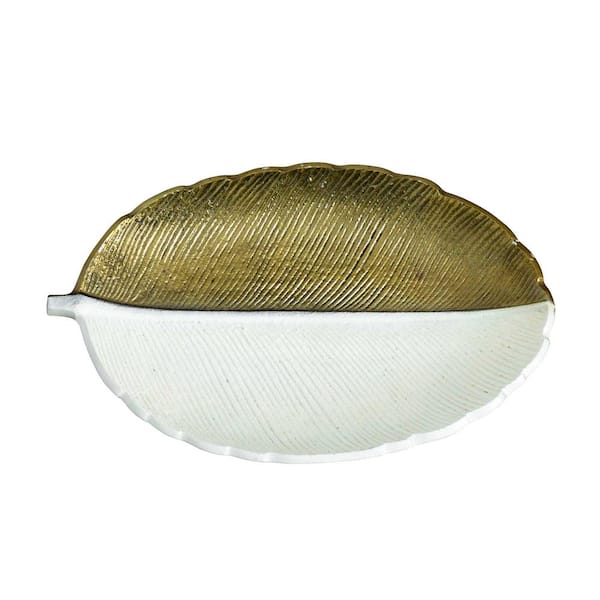 Nearly Natural 14in. Gold and White Leaf Decorative Accent Tray