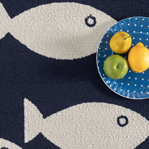 Airelibre Fish Indoor/Outdoor Navy 2 ft. 6 in. x 6 ft. Runner Rug