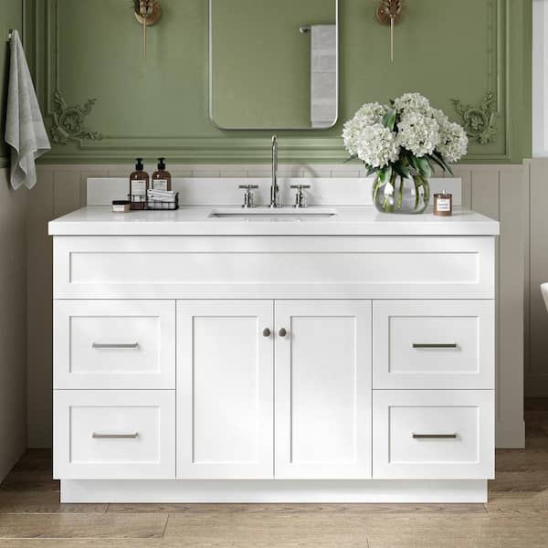 Hamlet 54 in. W x 22 in. D x 36 in. H Bath Vanity in White with Pure White Quartz Top
