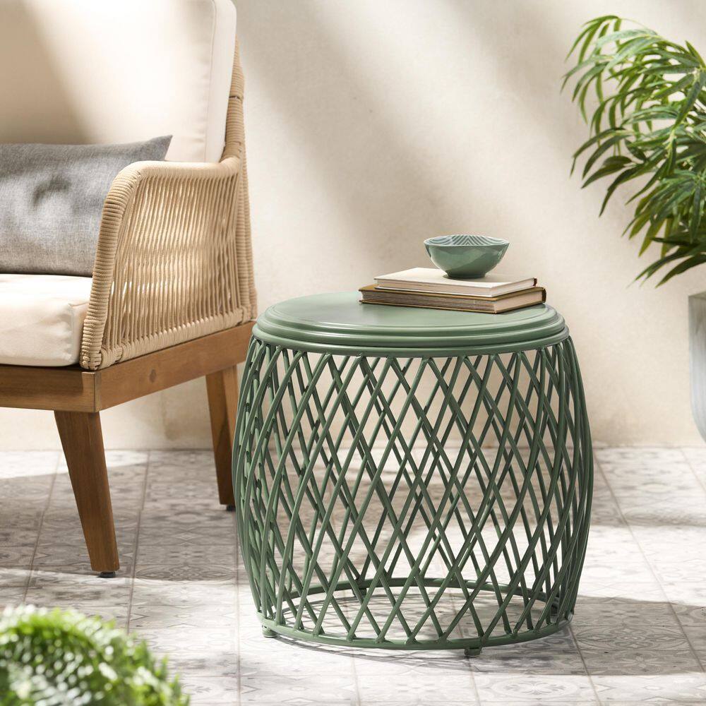 Matte Green 19 Inch Lattice Iron Outdoor Side Table