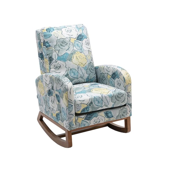 URTR Blue Flower Upholstered Rocking Chair, High Back Armchair, Rocker Chair with Side Pocket for Living Room, Nursery