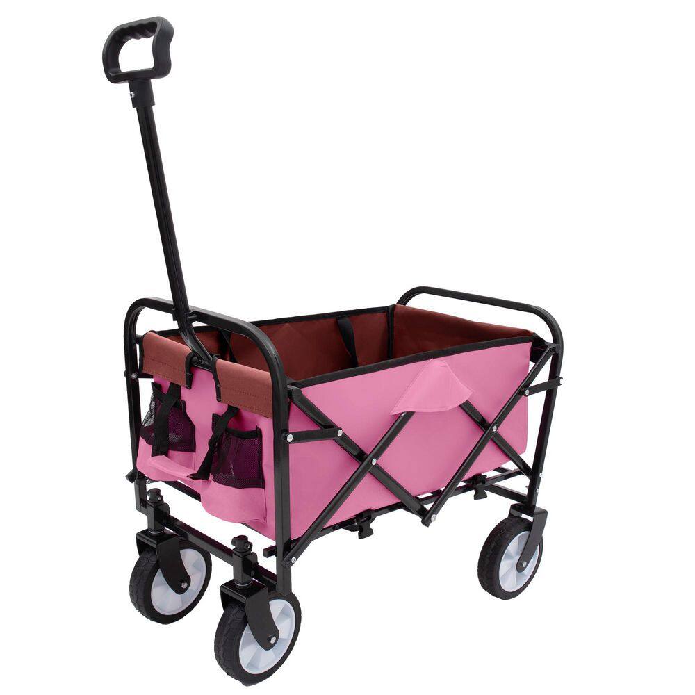 2 cu. ft. Steel Frame Outdoor Garden Cart Support 225 lbs. Waterproof Fabric Folding Wagon With Fixed Belt, Pink