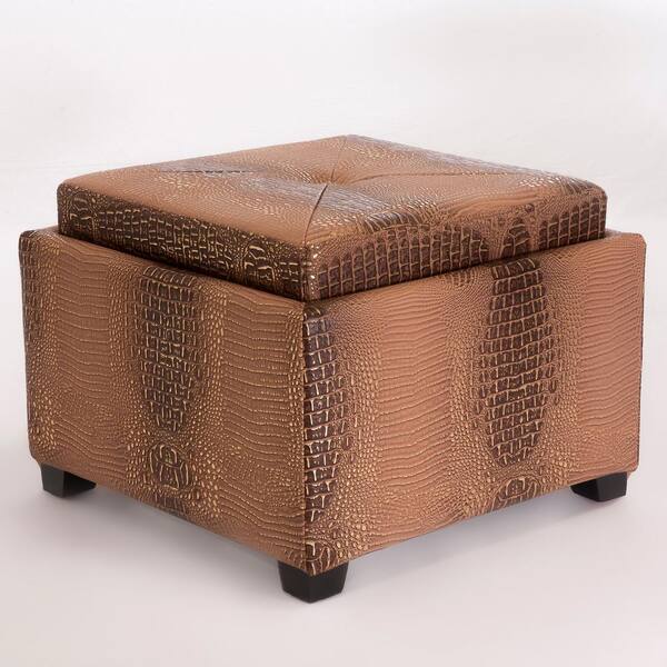 Noble House Andrea Gold and Brown Faux Croc Tray Top Storage Ottoman